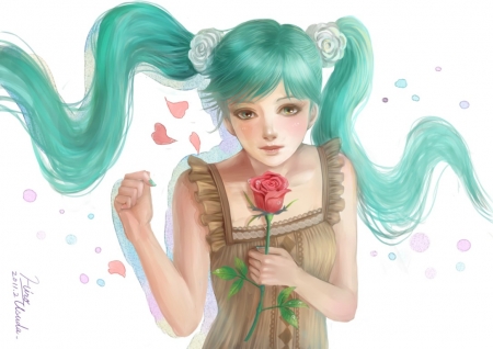 Miku and rose - anime, blue, girl, hatsune miku, hiro usuda, flower, manga, fantasy, red, rose, luminos