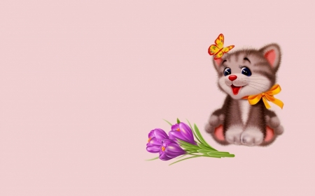 Kitten - flower, pink, cat, chilcd, animal, kitten, butterfly, cute, crocus, art