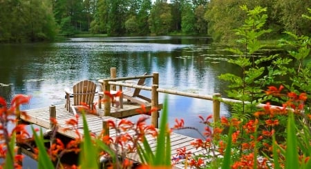 Lake house - lake, fishing, trees, peaceful, greenery, park, serenity, tranquility, pier, reflection, house, flowers, pond