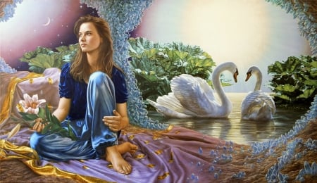 Swan Dream - Collages, Beautiful, Women, Pretty, Swans, Ether Woman