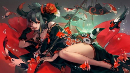 Demoness - anime, water, summer, girl, flower, horns, black, manga, fantasy, peony, red, lee hyeseung, koi, lake, fish, demon