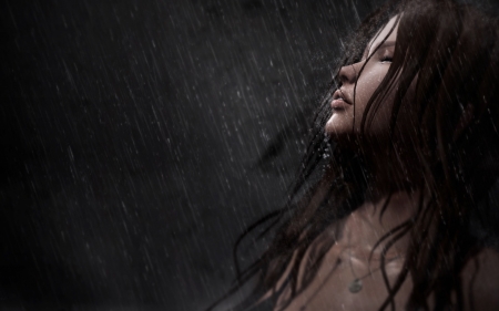 Rain - rendering, girl, water drops, summer, black, fantasy