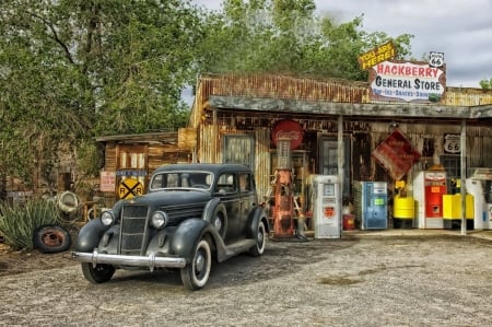 Hackberry General Store - Route 66 - arizona, car, photography, petrol, gas station, hut, gas pumps, wheel