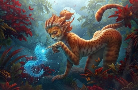 Poke - paws, fantasy, tiger, cat, abstract, woman