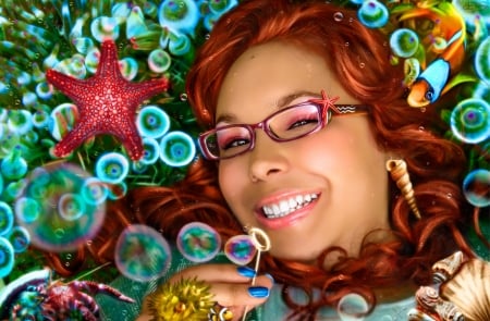 Mermaid - redhead, glasses, bubbles, fantasy, underwater, starfish, coral, luminos, green, juan camilo bedoya vargas, girl, funny, creative, mermaid, pink, fish, smile