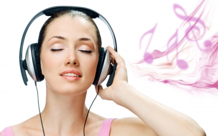 Enchanted by the music - white, woman, girl, headphones, pink, music, model