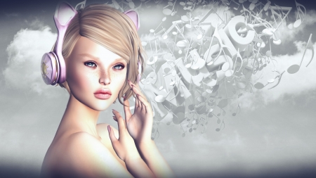 Girl - ears, girl, pink, cat, music, fantasy, headphones, hand, rendering