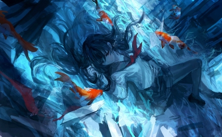 Underwater - lm7, anime, summer, blue, girl, orange, manga, underwater, fish, luminos