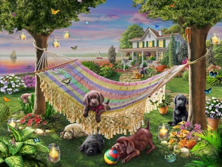 Puppies - summer, hammock, dog, tree, pictura, animal, green, painting, garden, caine, art, luminos