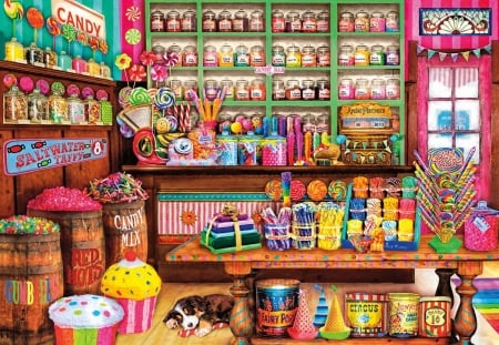 Sweet place - cupcake, puppy, colorful, place, painting, candy, shopp, art, sleep, pink, luminos, pictura, sweet