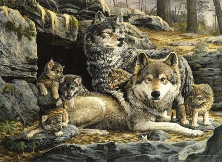 Wolves - wolf, painting, art, lup, pictura, family