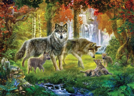 Wolves - lup, pictura, wolf, autumn, green, painting, orange, luminos