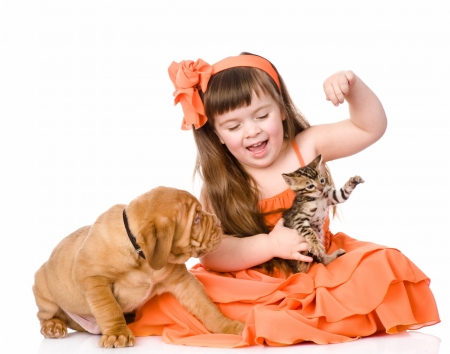 Let's dance! - cat, girl, puppy, dance, copil, child, kitten, caine, white, dog, orange, cute, dress, little