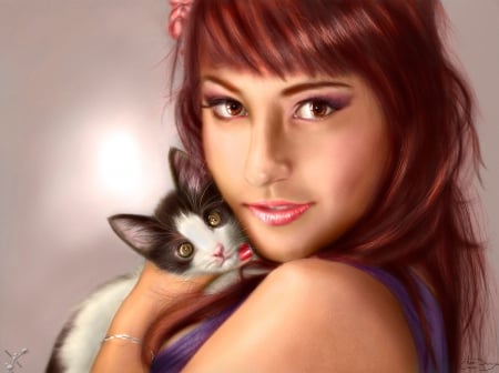 Two beauties - juan camilo bedoya vargas, girl, cat, fantasy, pisica, animal, hand, kitten, woman, face, art