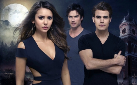 The Vampire Diaries (TV Series 2009â€“2017) - moon, nina dobrev, actress, girl, paul wesley, tv series, the vampire diaries, stefan, tower, ian somerhalder, man, blue, damon, actor, luna, elena