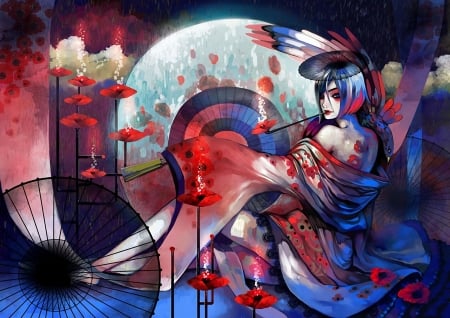 Geisha - parasol, fan, girl, fantasy, asian, art, red, blue, umbrella, luminos, anime, manga