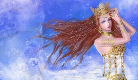 Beautiful queen - wind, girl, frumusete, redhead, blue, fantasy, crown, golden, luminos, queen