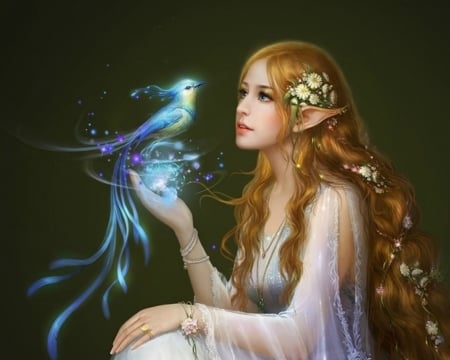 Elf princess with bird - fantasy, pasare, bird, elf, luminos, girl, princess, frumusete