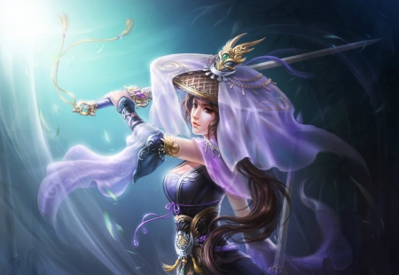 Fantasy girl - sword, purple, veil, girl, blue, warrior, fighter, fantasy, luminos