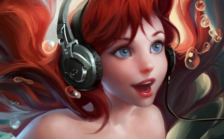 Ariel found the headphones - sirena, summer, sakimichan, frumusete, headphones, redhead, mermaid, underwater, bubbles, cute, face, luminos