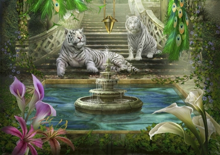 Mystic garden - water, fountain, summer, flower, tiger, fantasy, white, animal, mystic garden, luminos