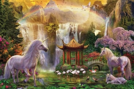 Unicorns - baby, fantasy, waterfall, gazebo, pavilion, cute, unicorn, asian, luminos