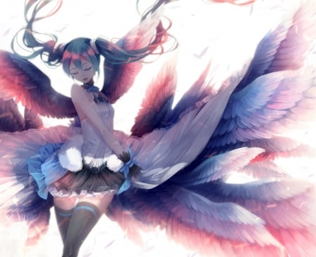 Hatsune Miku - anime, vocaloid, blue, girl, angel, hatsune miku, pink, feahter, manga, wings