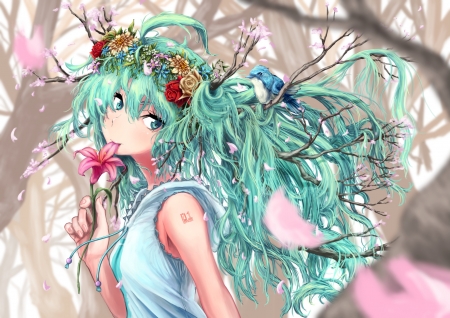 Hatsune Miku - hatsune miku, girl, spring, bird, vocaloid, luminos, pink, blue, anime, manga