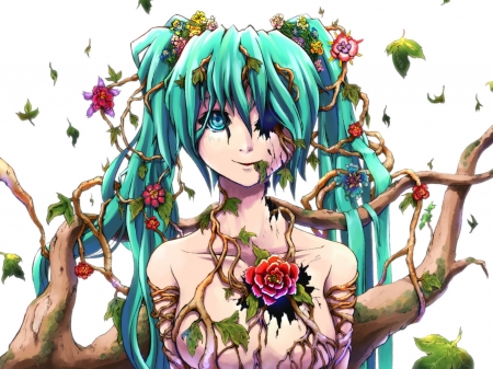 Hatsune Miku - branches, anime, vocaloid, blue, girl, hatsune miku, flower, manga, oonishi shunsuke, luminos