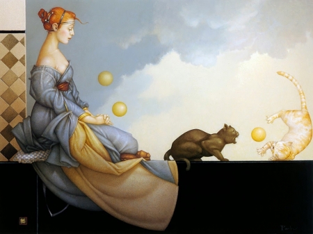 Playful kittens - woman, michael parkes, cat, girl, ball, pisica, kitten, painting, art, pictura