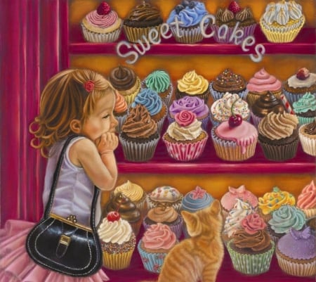 Sweetcakes - cat, copil, child, pisica, tricia reilly matthew, painting, pink, luminos, sweetcakes, pictura, food, dessert, cute