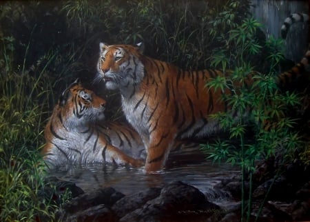 Tigers - orange, tiger, pictura, animal, green, painting, couple, art, luminos