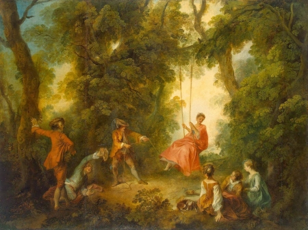 The swing - people, girl, summer, painting, forest, red, nicolas lancret, man, swing, pictura, green