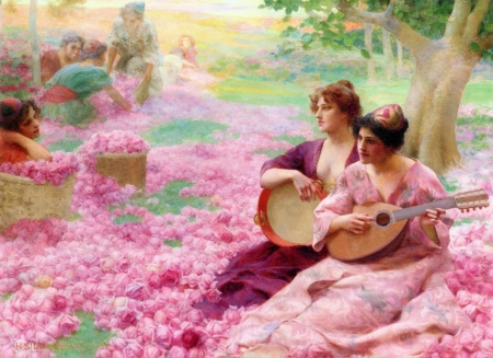 The rose festival - woman, guitar, girl, henry siddon mowbray, summer, instrument, rose festival, painting, art, pink, luminos, pictura, flower