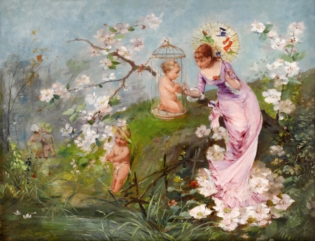 Allegory of spring - cupid, pictura, allegory of spring, painting, girl, art, luminos, emile auguste pinchart