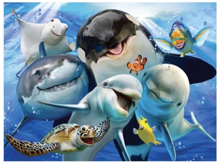 Selfie - selfie, summer, funny, fantasy, creative, underwater, shark, turtle, blue, luminos, fish, dolphin