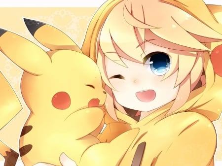 Kagamine and Pikachu - kagamine, and, pikachu, anime, crossover