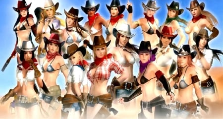 The Crew. . - style, girls, western, anime, digital art, outdoors, brunettes, cowgirl, group, fun, female, boots, blondes