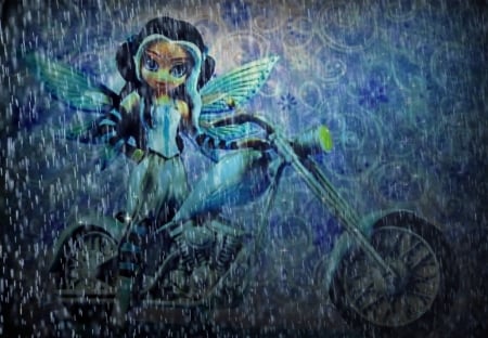 Blue Biker Fairy In Rain - fantasy, rain, biker, fairy, abstract, blue