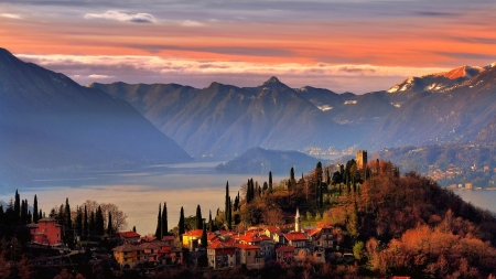 Village in Italian Mountains - sky, lake, alps, sunset, colors, mist