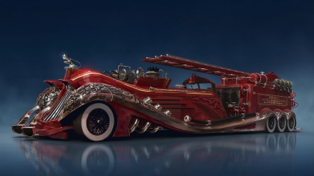 Steampunk Firefighters - ladder, fantasy, car, red