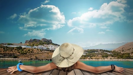 Dream Vacation - hat, clouds, relax, vacation, beach, Europe, seaside, woman, sky