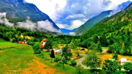 Paradise Village - houses, trees, mountains, road, nature, village, forest, car, clouds