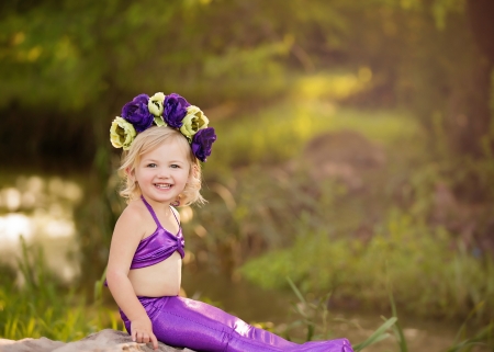 Little mermaid - girl, summer, child, copil, wreath, creative, fantasy, purple, mermaid, pink, cute, flower, blonde, little