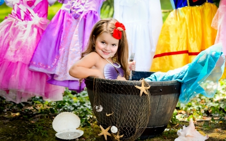 Little mermaid - girl, summer, copil, child, fantasy, creative, yellow, mermaid, pink, bath, sirena, shell, cute, little