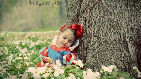 Little Snow White sleeping - girl, child, copil, creative, fantasy, sleep, bow, red, blue, snow white, tree, cute, little