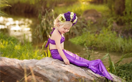 Little mermaid - sirena, summer, flower, creative, pink, copil, child, fantasy, wreath, purple, mermaid, little