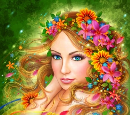 Uriel - angel, frumusete, wreath, uriel, fantasy, face, luminos, pink, green, flower