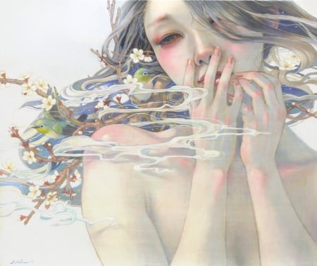 Spring perfume - bird, blossom, apring, chalk, pasare, face, art, luminos, sakura, perfume, furmusete, girl, flower, mihohirano, fantasy, hand, woman, asian