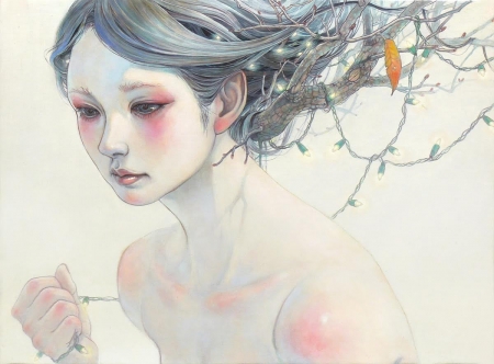 Autumn - face, girl, frumusete, art, mihohirano, fantasy, leaf, chalk, branch, asian, luminos, woman, autumn